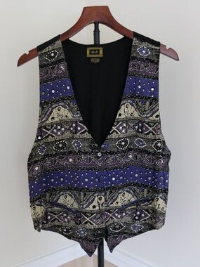 Purple & Black Patterned Beaded V-Neck Women's AJ Vintage Vest Made In India